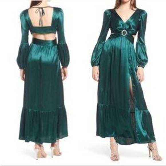 Rahi Dresses & Skirts - Rahi XS Emerald Green Crinkle Satin Cutout Maxi Dress Puff Sleeve ~No Broche
